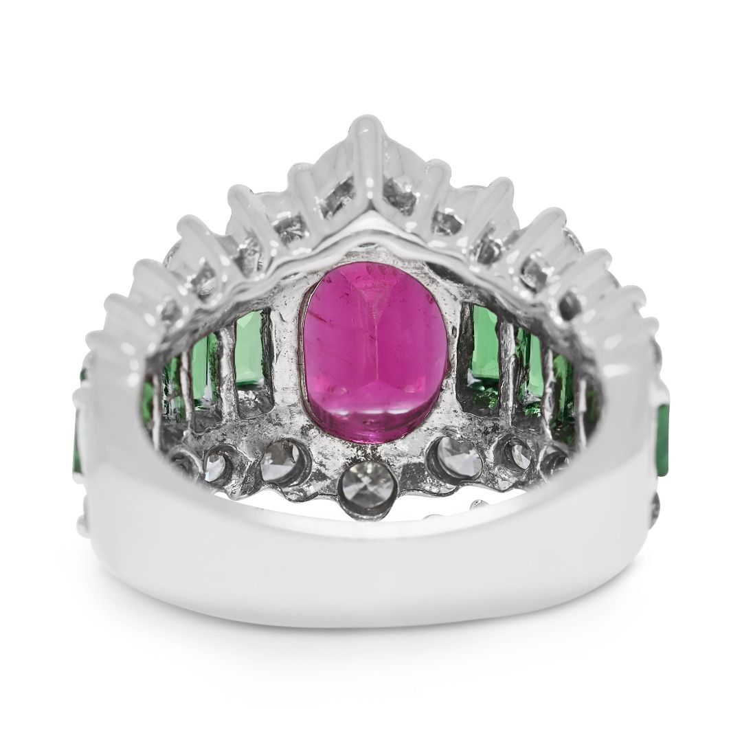 Resplendent 4.66ct Tourmaline, Tsavorite, and Natural Diamonds Pave Ring in 18K White Gold
