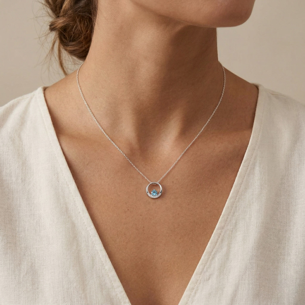 Modern 0.43ct Blue Topaz & Diamond Pendant in 18K White Gold