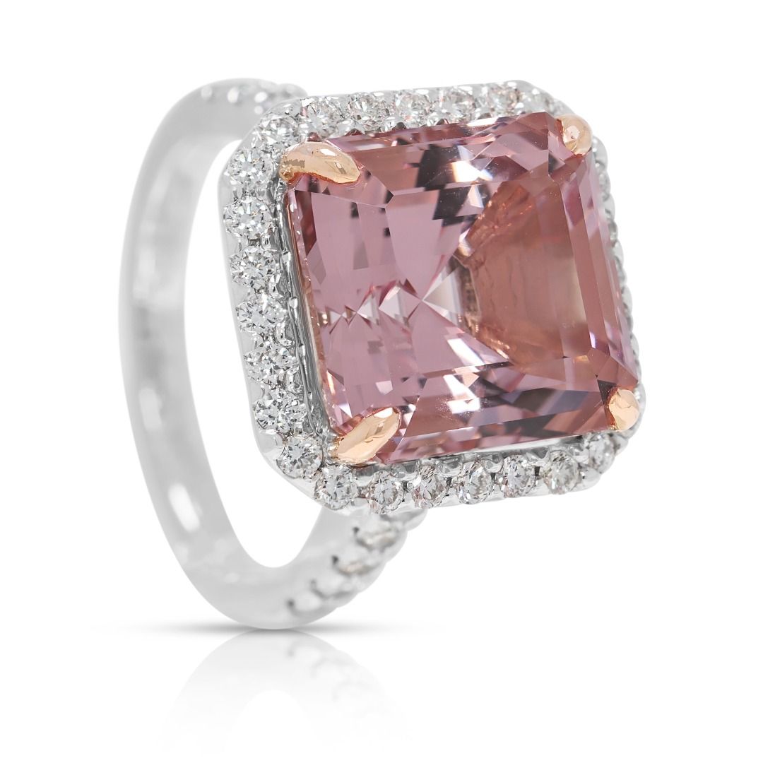 Romantic 9.48ct Morganite & Diamond Pave Halo Ring in 18K White Gold