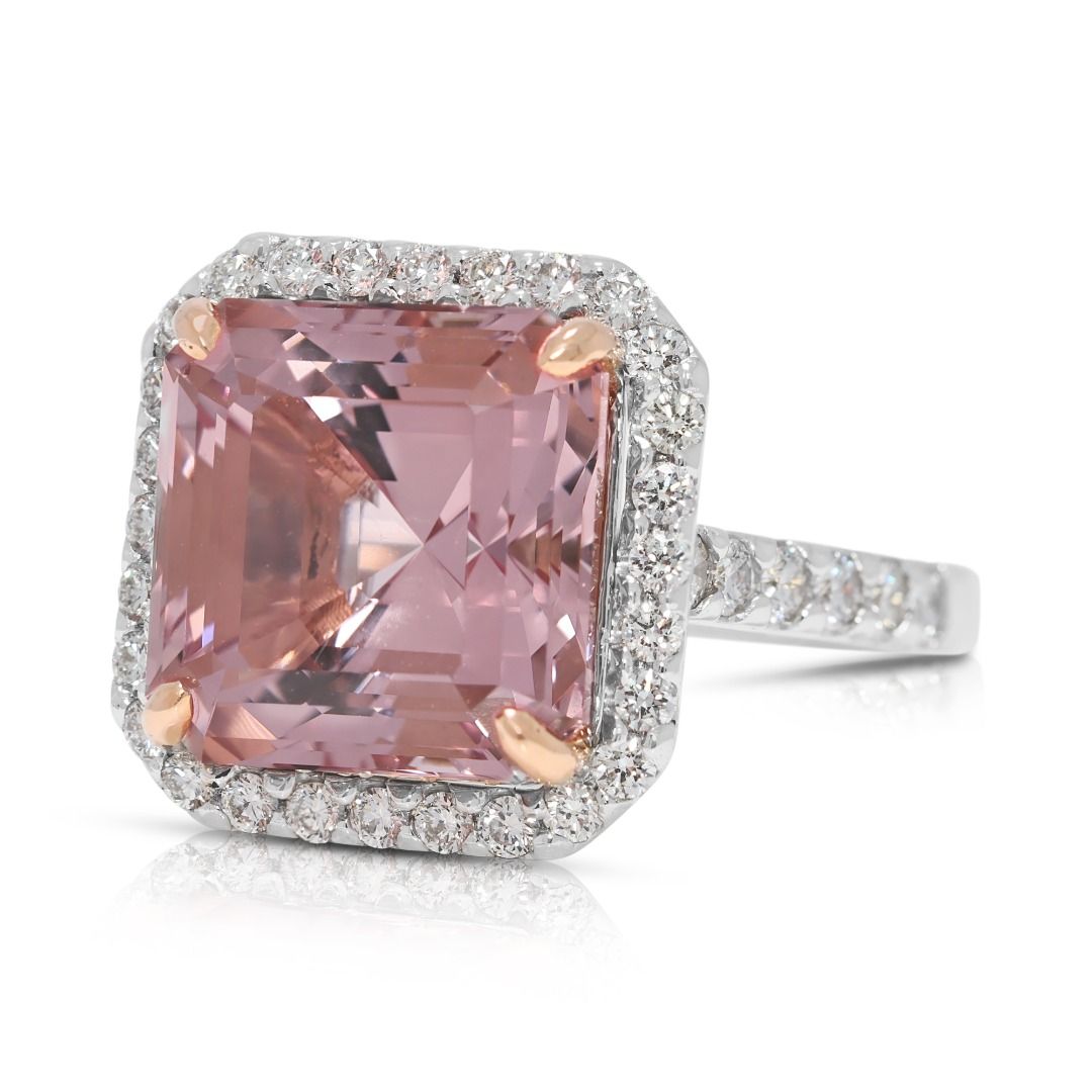 Romantic 9.48ct Morganite & Diamond Pave Halo Ring in 18K White Gold