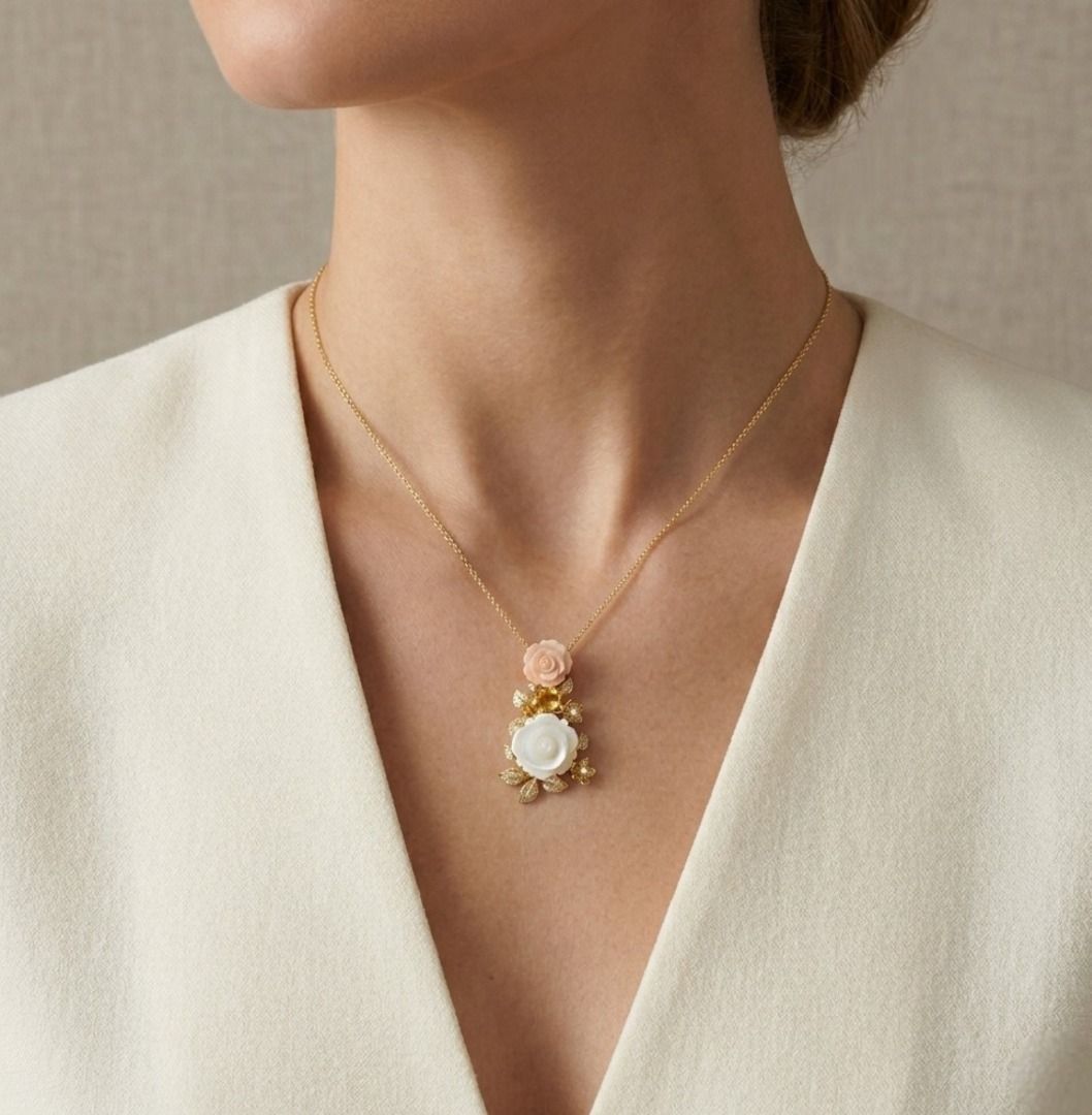 Romantic Mother of Pearl Floral Pendant with 0.7ct Sapphire and 0.20ct Diamond in 18K Yellow Gold