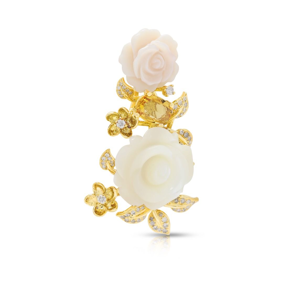 Romantic Mother of Pearl Floral Pendant with 0.7ct Sapphire and 0.20ct Diamond in 18K Yellow Gold