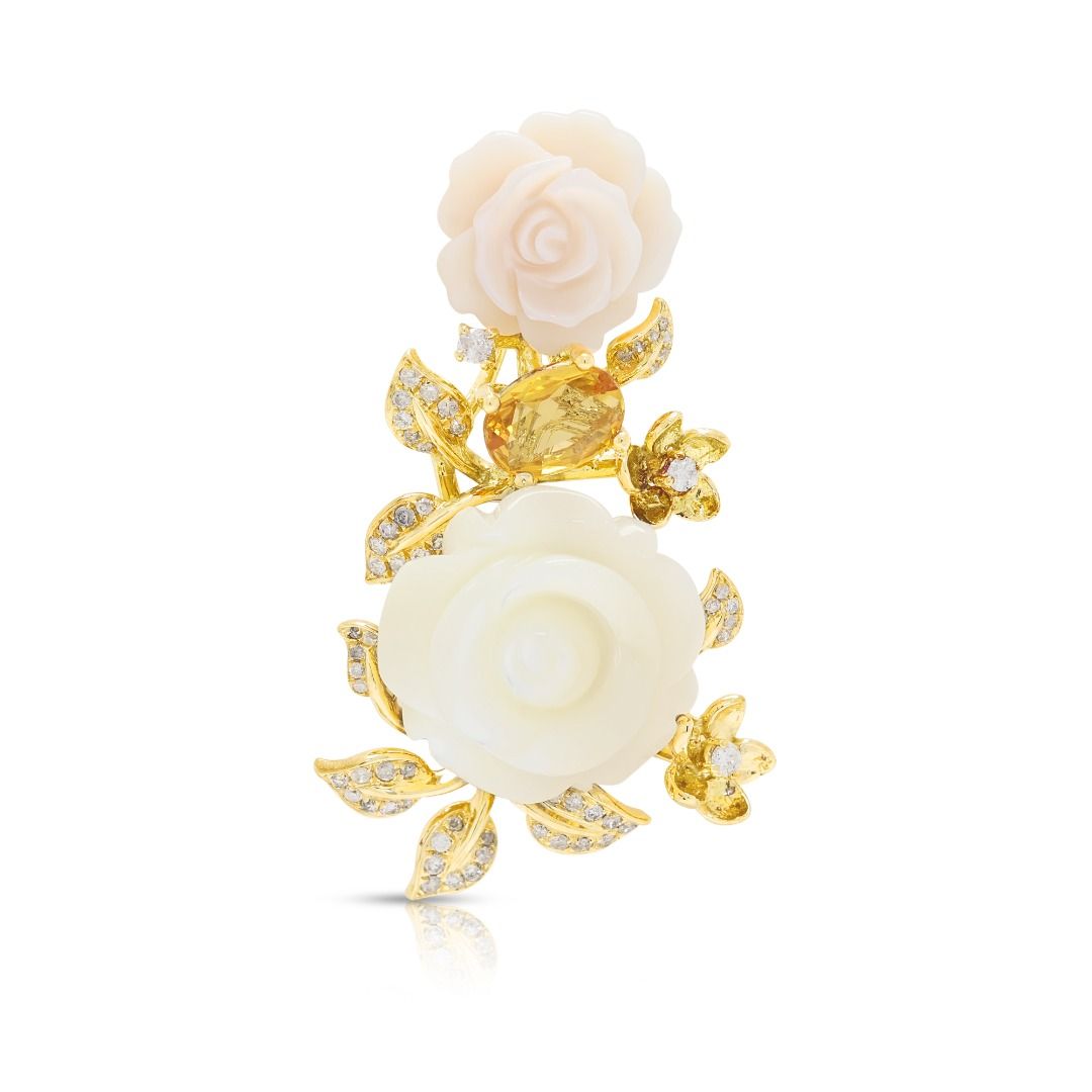 Romantic Mother of Pearl Floral Pendant with 0.7ct Sapphire and 0.20ct Diamond in 18K Yellow Gold