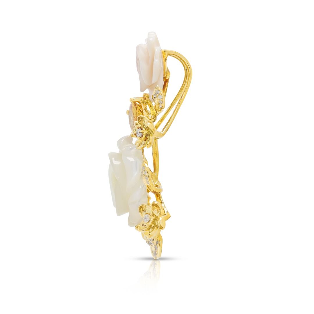 Romantic Mother of Pearl Floral Pendant with 0.7ct Sapphire and 0.20ct Diamond in 18K Yellow Gold