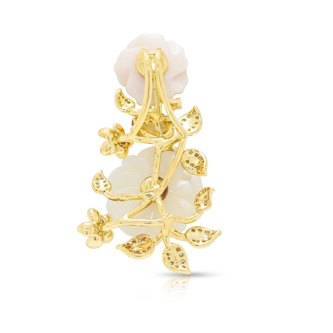 Romantic Mother of Pearl Floral Pendant with 0.7ct Sapphire and 0.20ct Diamond in 18K Yellow Gold