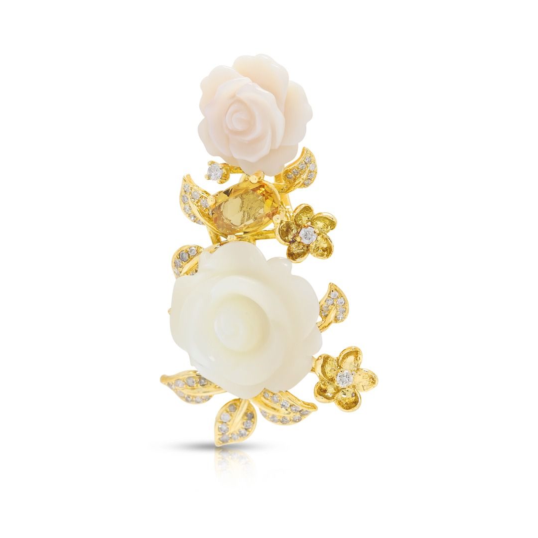Romantic Mother of Pearl Floral Pendant with 0.7ct Sapphire and 0.20ct Diamond in 18K Yellow Gold