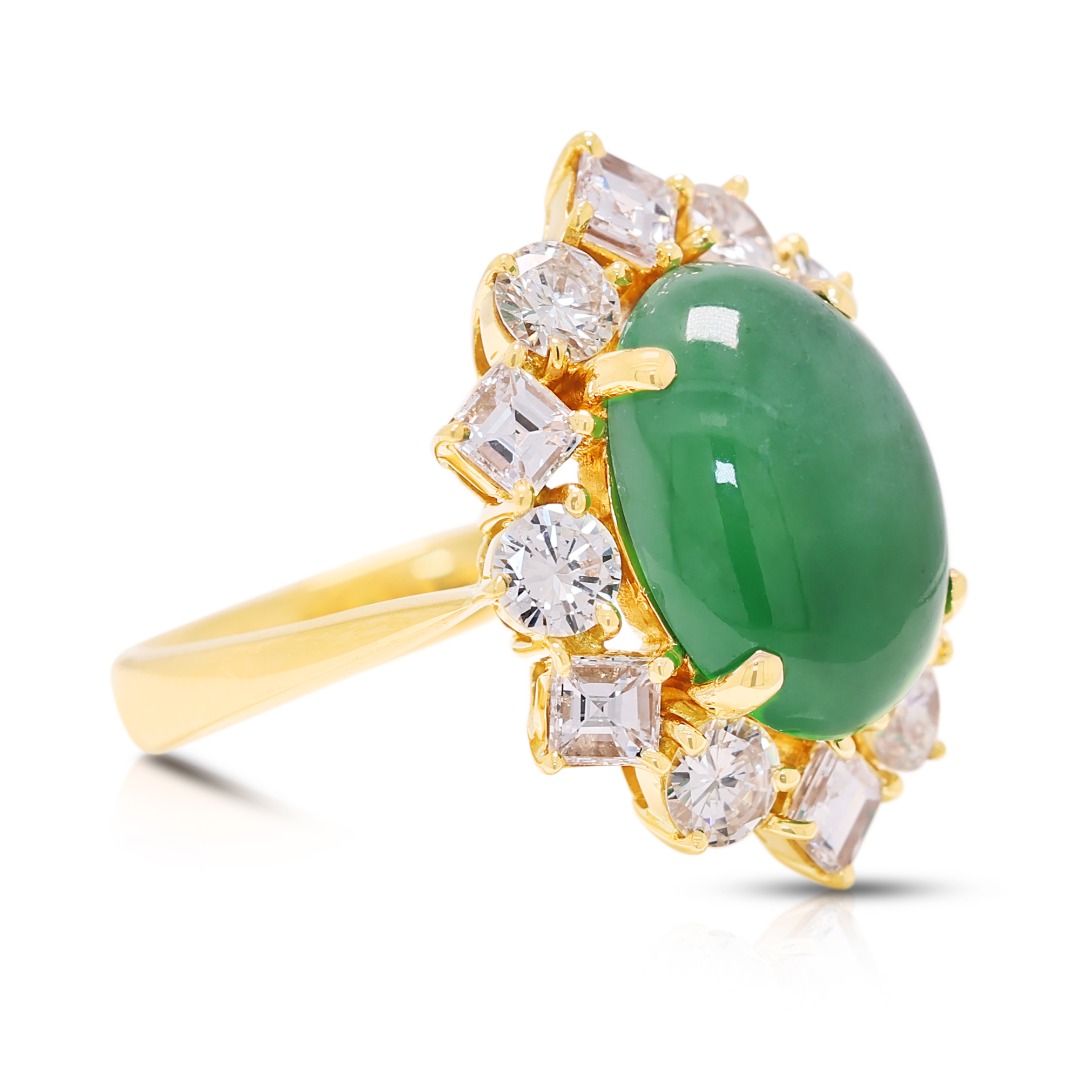 Royal 5.6ct Jadeite Jade & Diamond Ring in 18K Yellow Gold -NGI Certified