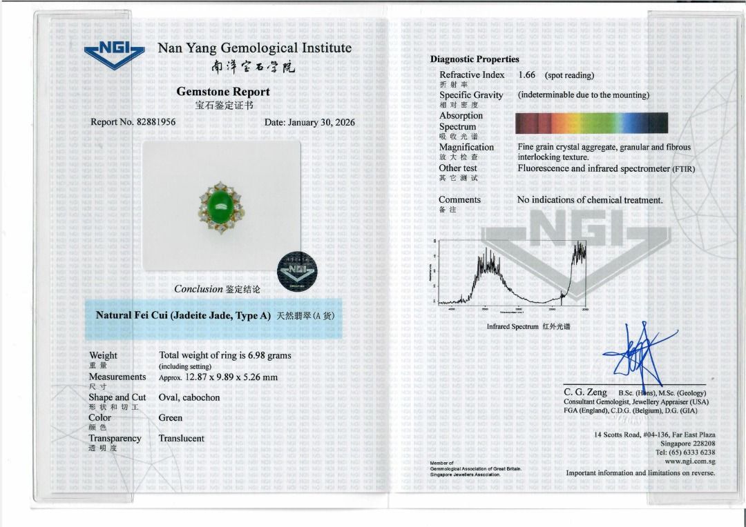 Royal 5.6ct Jadeite Jade & Diamond Ring in 18K Yellow Gold -NGI Certified