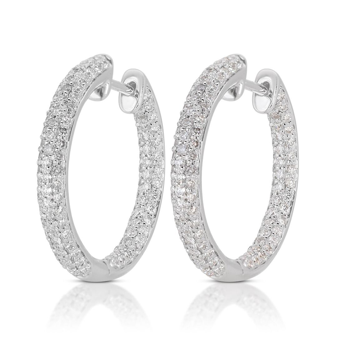 Exquisite 2 carat and 3 points Hoop Diamond Earrings set in 18K White Gold - AIG Certified