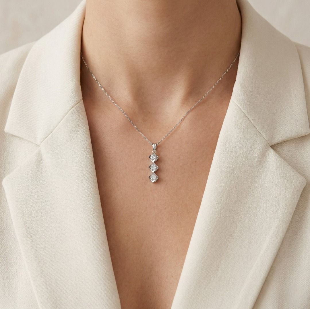 Sleek 0.38ct Three-Stone Diamond Pendant in 18K White Gold