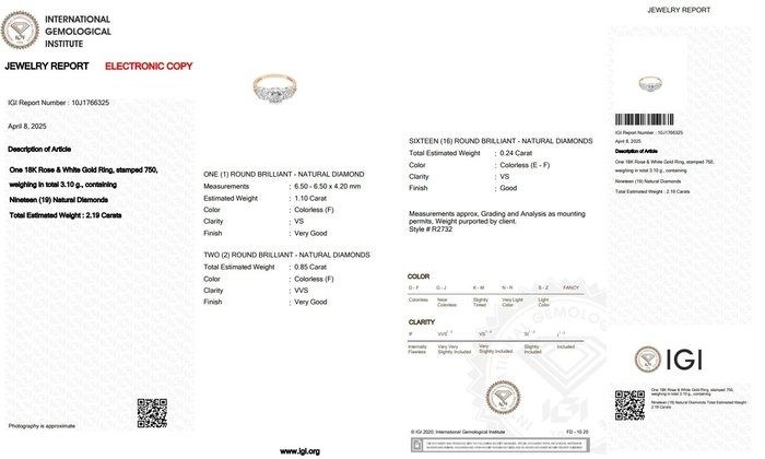 Sleek 2.19ct Diamonds 3-Stone Ring in 18k Rose & White Gold - IGI Certified