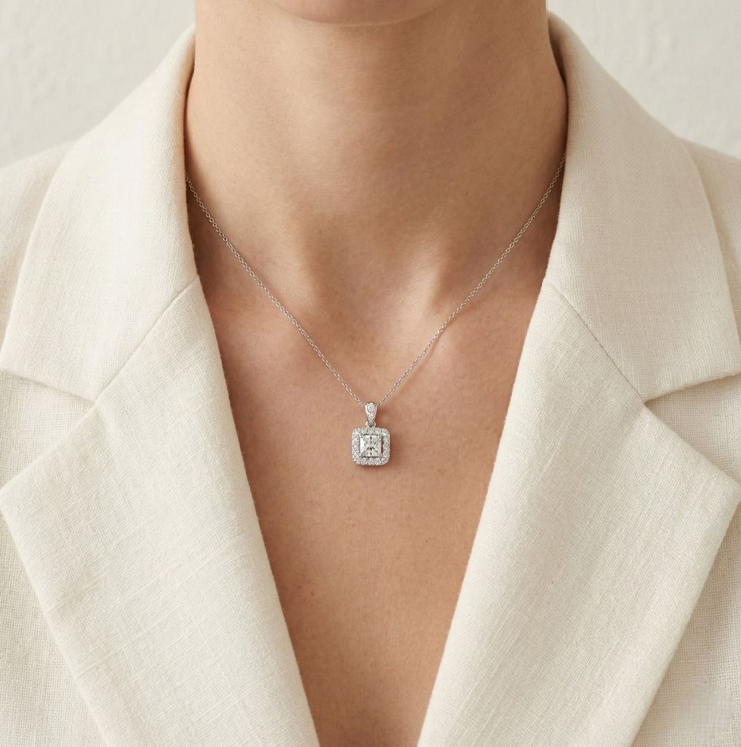 Sophisticated 0.56ct Diamond Halo Pendant in 18K White Gold