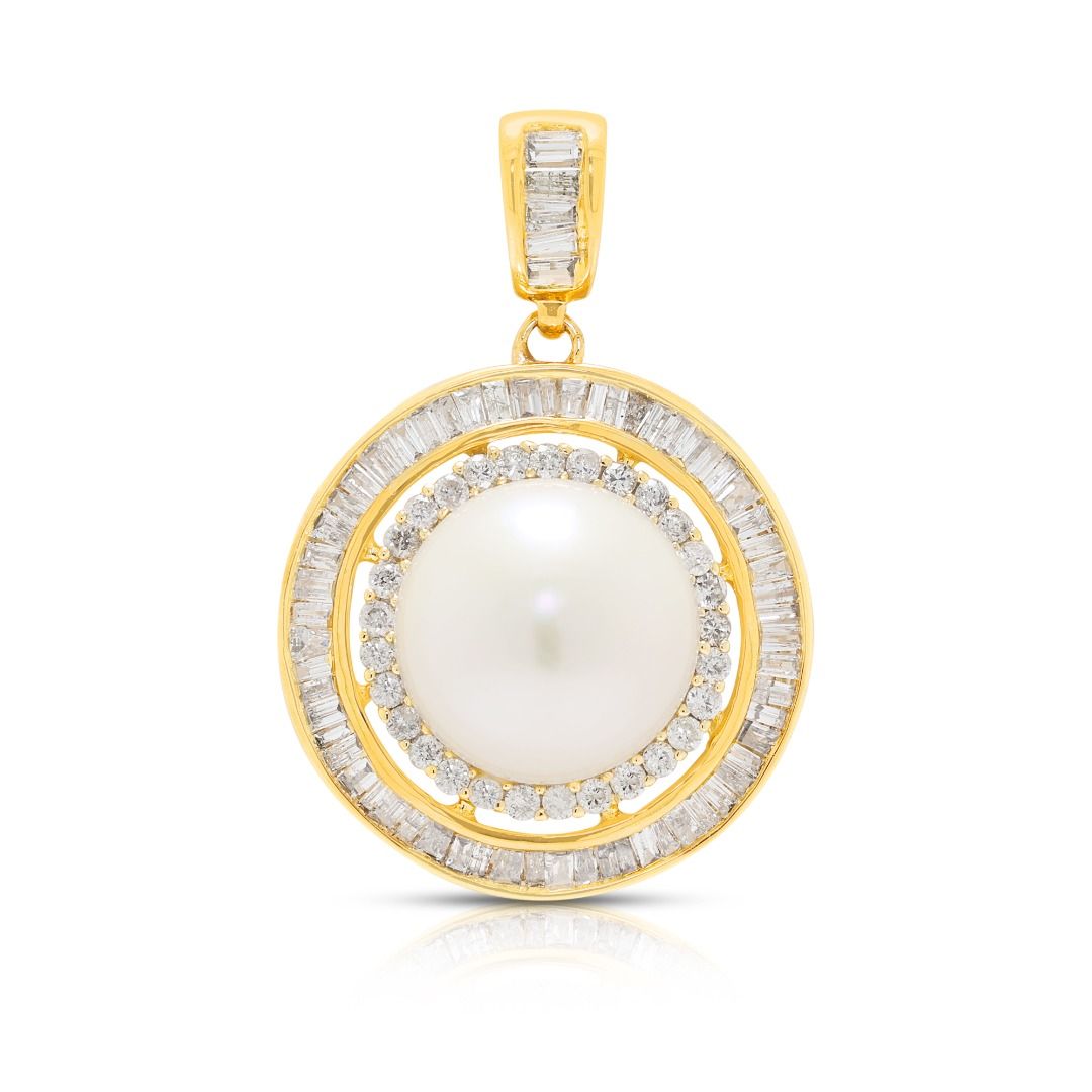 Sophisticated 0.56ct Natural Diamond and Pearl Double Halo Pendant in 18K Yellow Gold