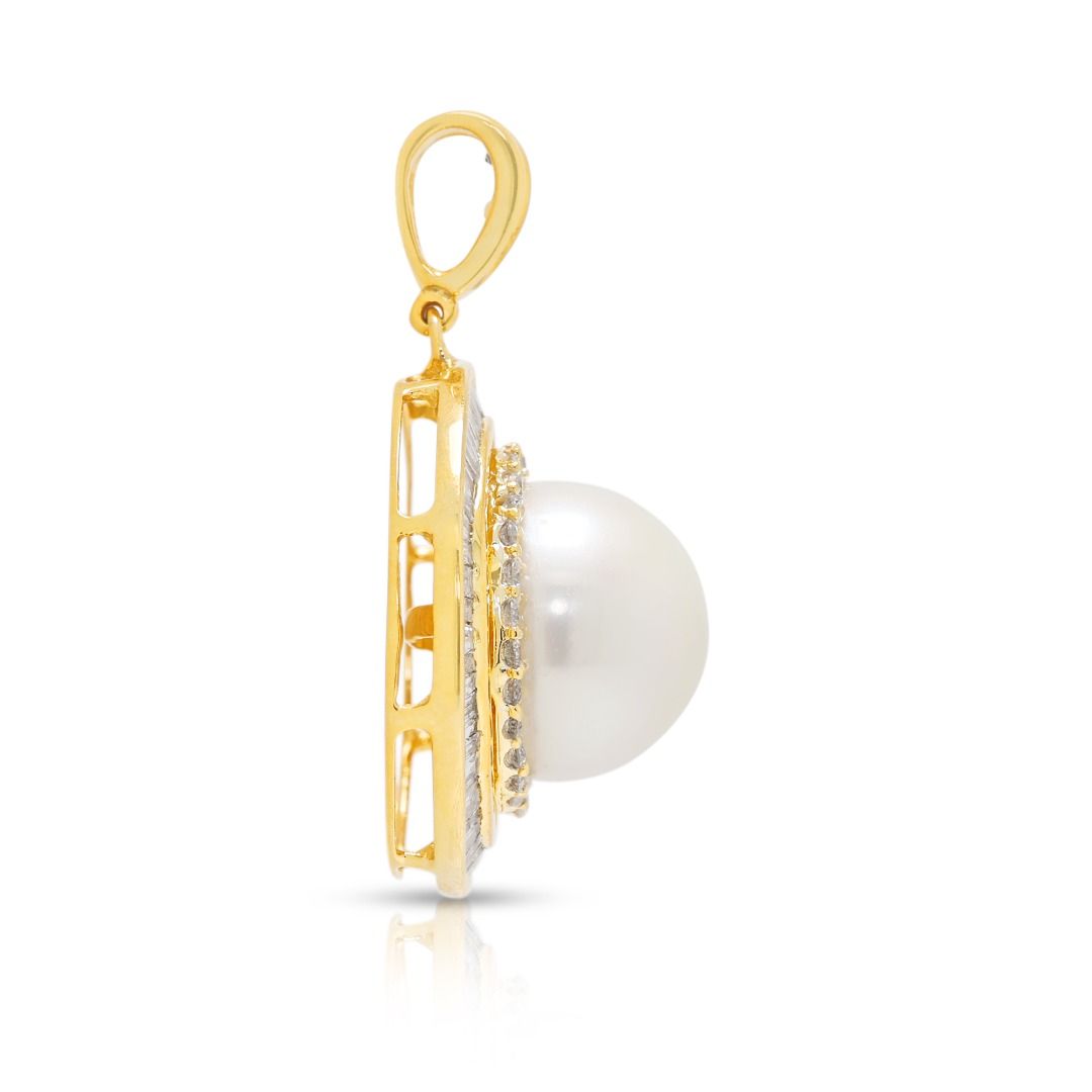 Sophisticated 0.56ct Natural Diamond and Pearl Double Halo Pendant in 18K Yellow Gold