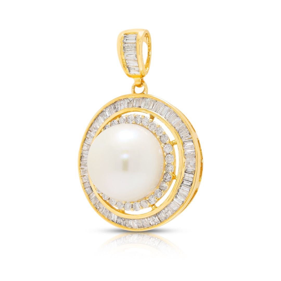 Sophisticated 0.56ct Natural Diamond and Pearl Double Halo Pendant in 18K Yellow Gold