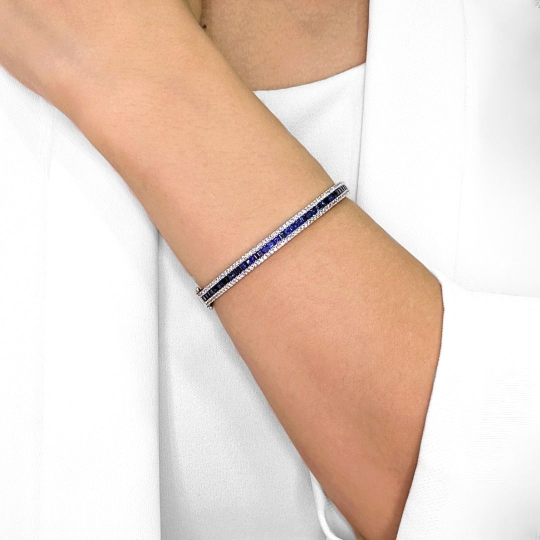 Sophisticated 1.32ct Blue Sapphire and Diamond Infinity Bangle in 18k White Gold