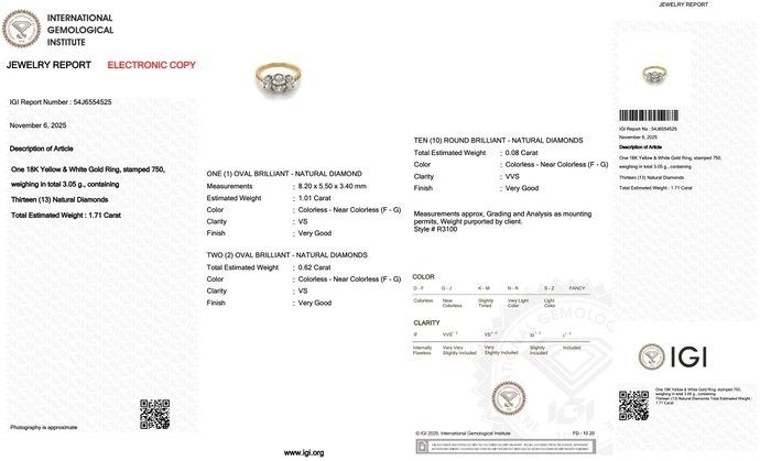 Sophisticated 1.71ct Diamonds 3-Stone Ring in 18k White & Yellow Gold - IGI Certified