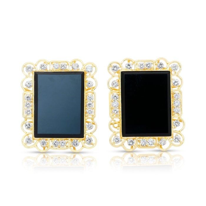 Sophisticated 17.36ct Onyx and Diamonds Stud Earrings in 18k Yellow Gold - IGI Certified