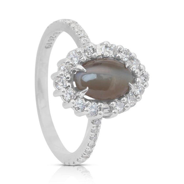Sophisticated 2.77ct Cat's-Eye Chrysoberyl and Diamonds Cluster Ring in 14k White Gold - IGI Certified