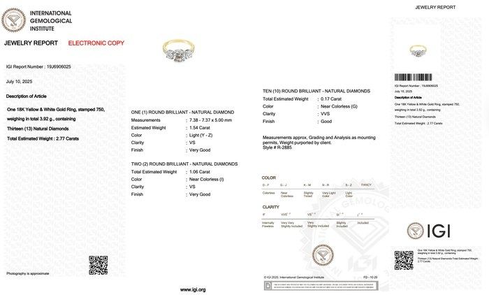 Sophisticated 2.77ct Diamonds 3-Stone Ring in 18k Yellow & White Gold - IGI Certified