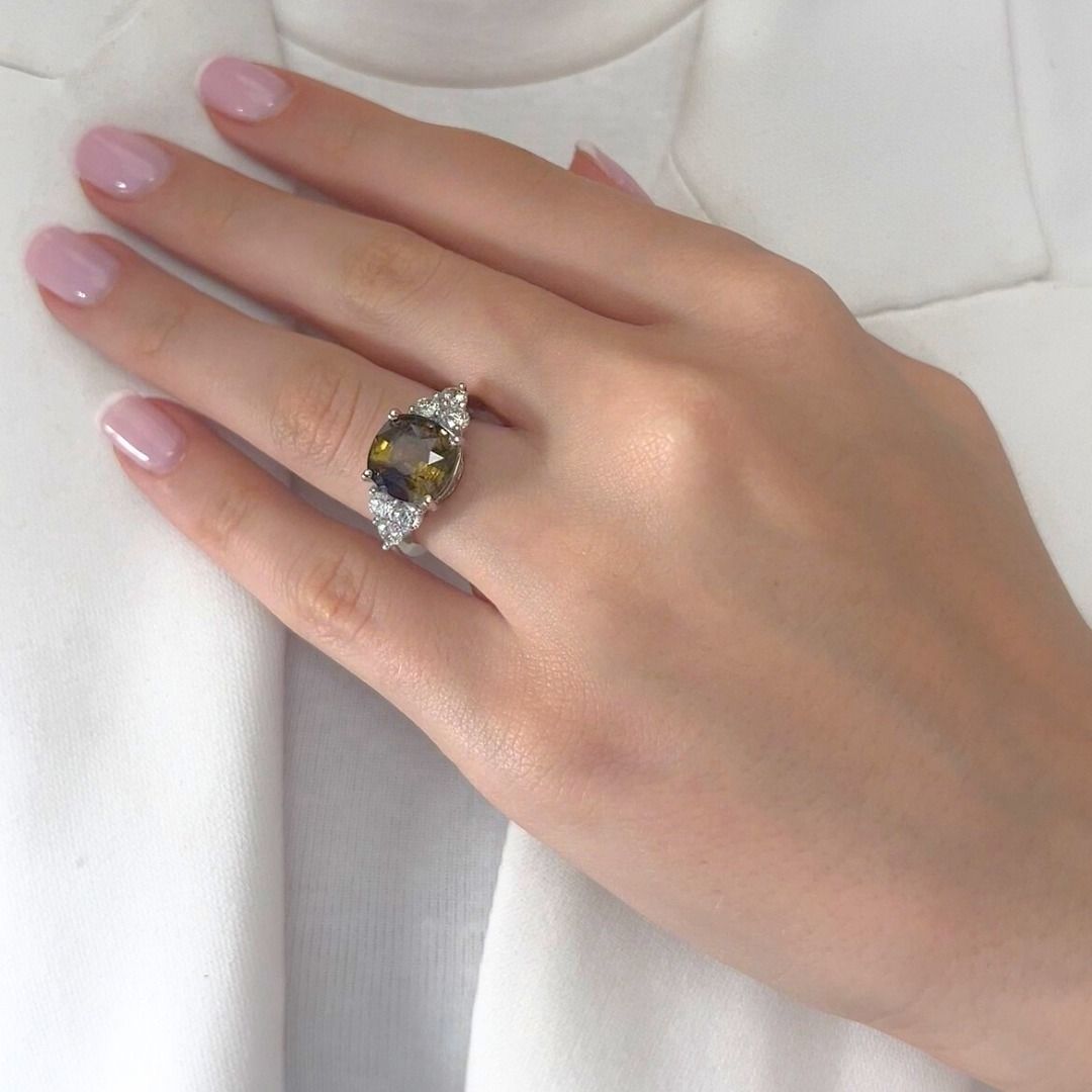 Sophisticated 7.14ct Chrysoberyl and Diamonds in 14k White Gold - GIA Certified