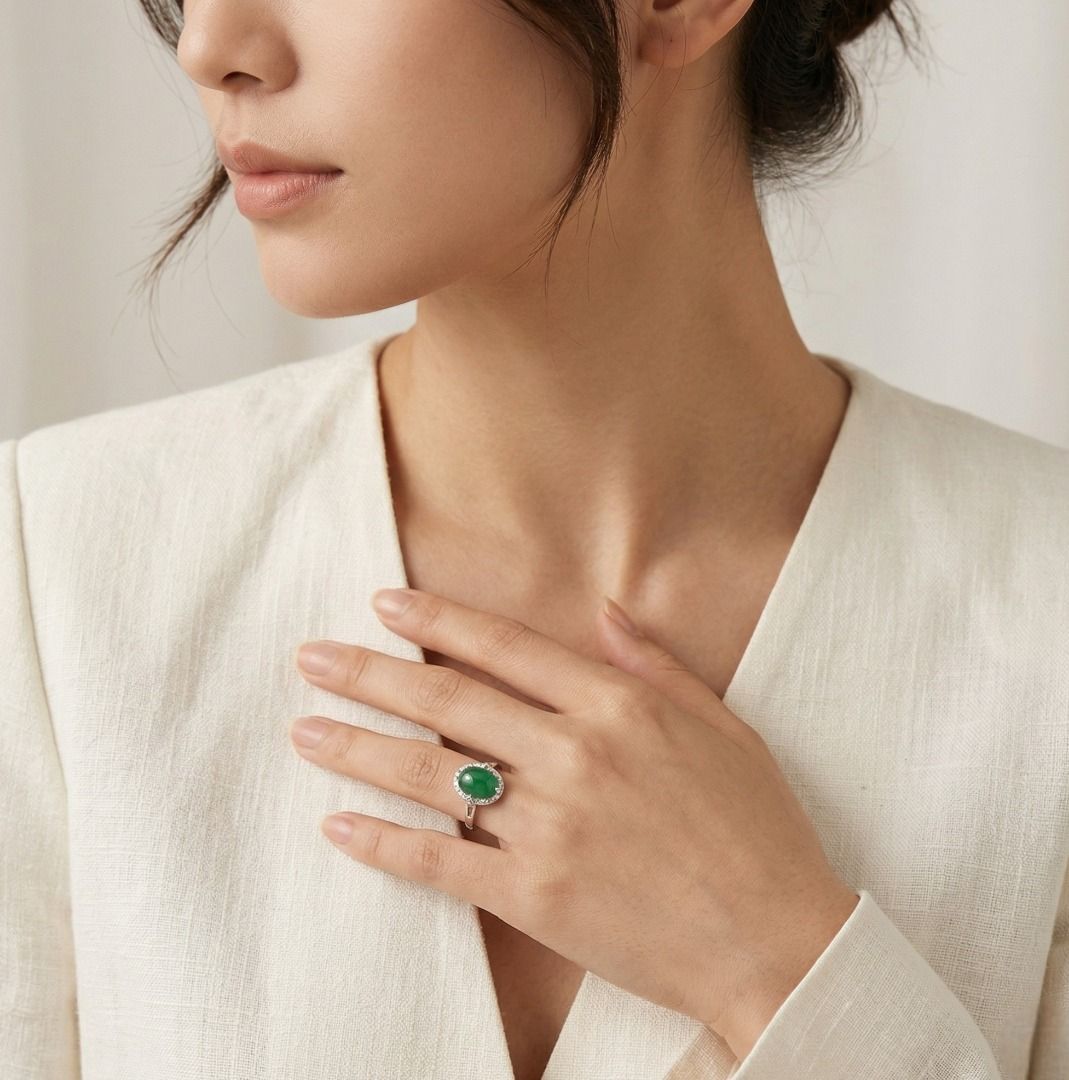 Sophisticated Green Jade & 0.18ct Diamond Halo Ring in 18K White Gold