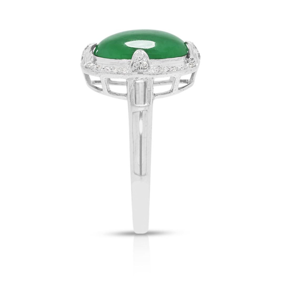 Sophisticated Green Jade & 0.18ct Diamond Halo Ring in 18K White Gold