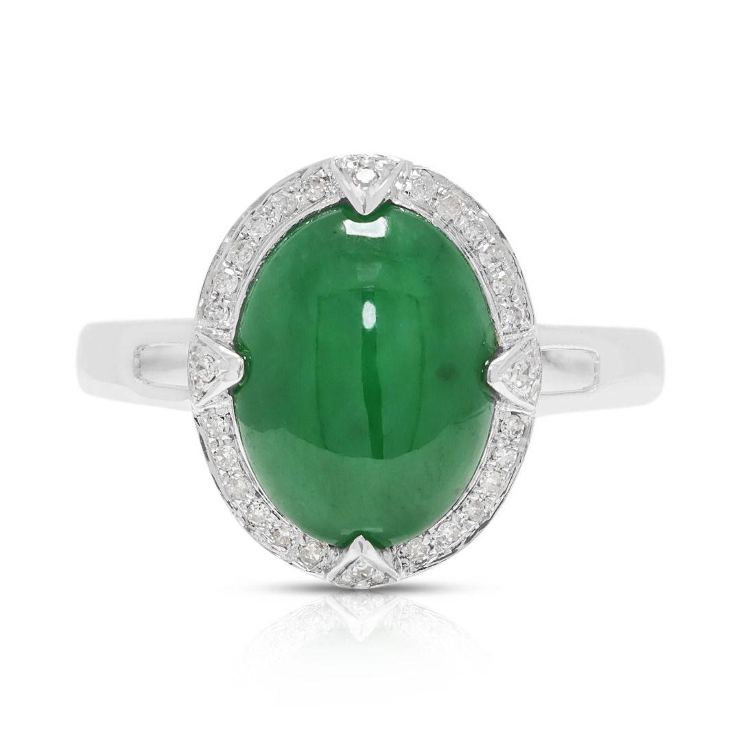 Sophisticated Green Jade & 0.18ct Diamond Halo Ring in 18K White Gold