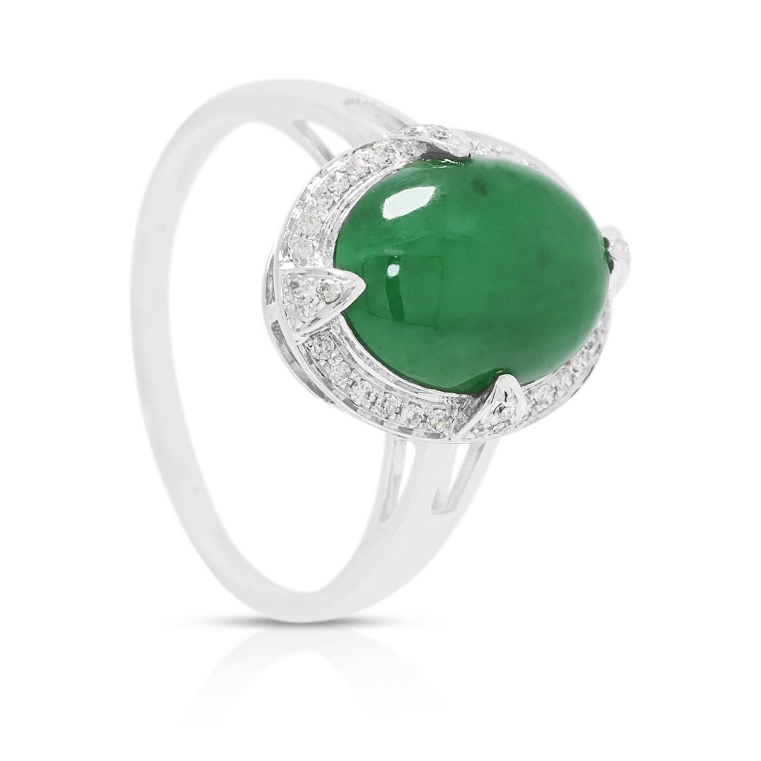 Sophisticated Green Jade & 0.18ct Diamond Halo Ring in 18K White Gold