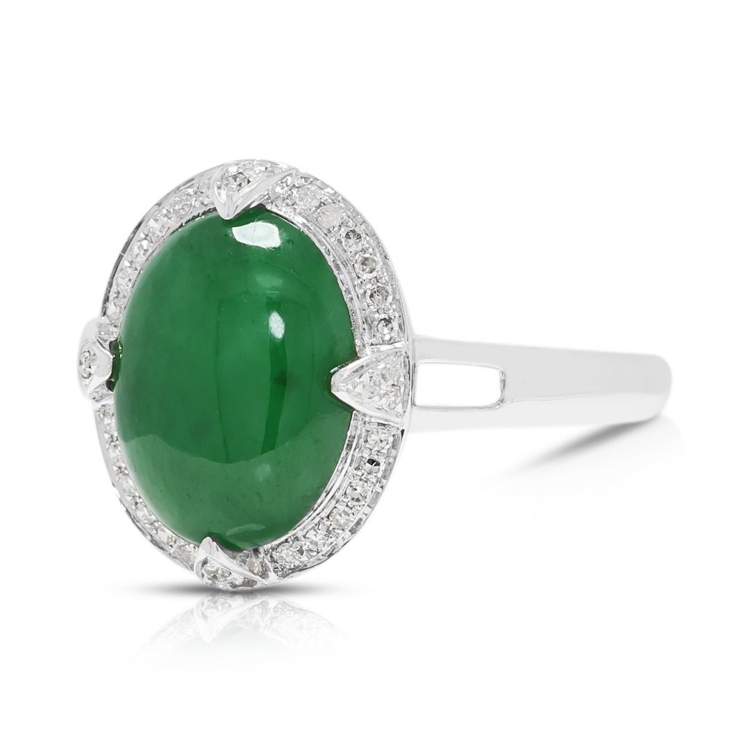 Sophisticated Green Jade & 0.18ct Diamond Halo Ring in 18K White Gold