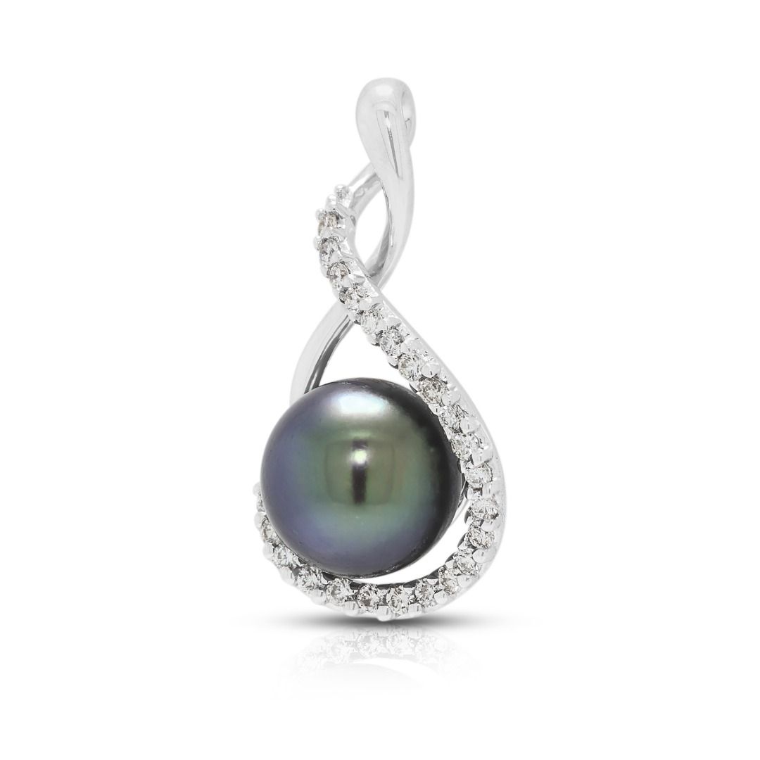 Sophisticated Lee Hwa 8.5mm Black Pearl & 0.24ct Diamond Pendant in 18K White Gold
