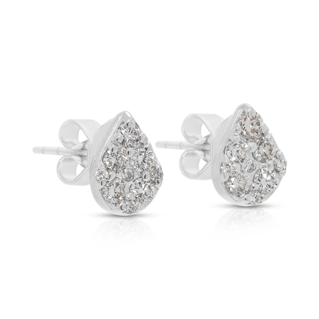 Sparkling 0.29ct Natural Diamond Teardrop Cluster Stud Earrings in 18K White Gold
