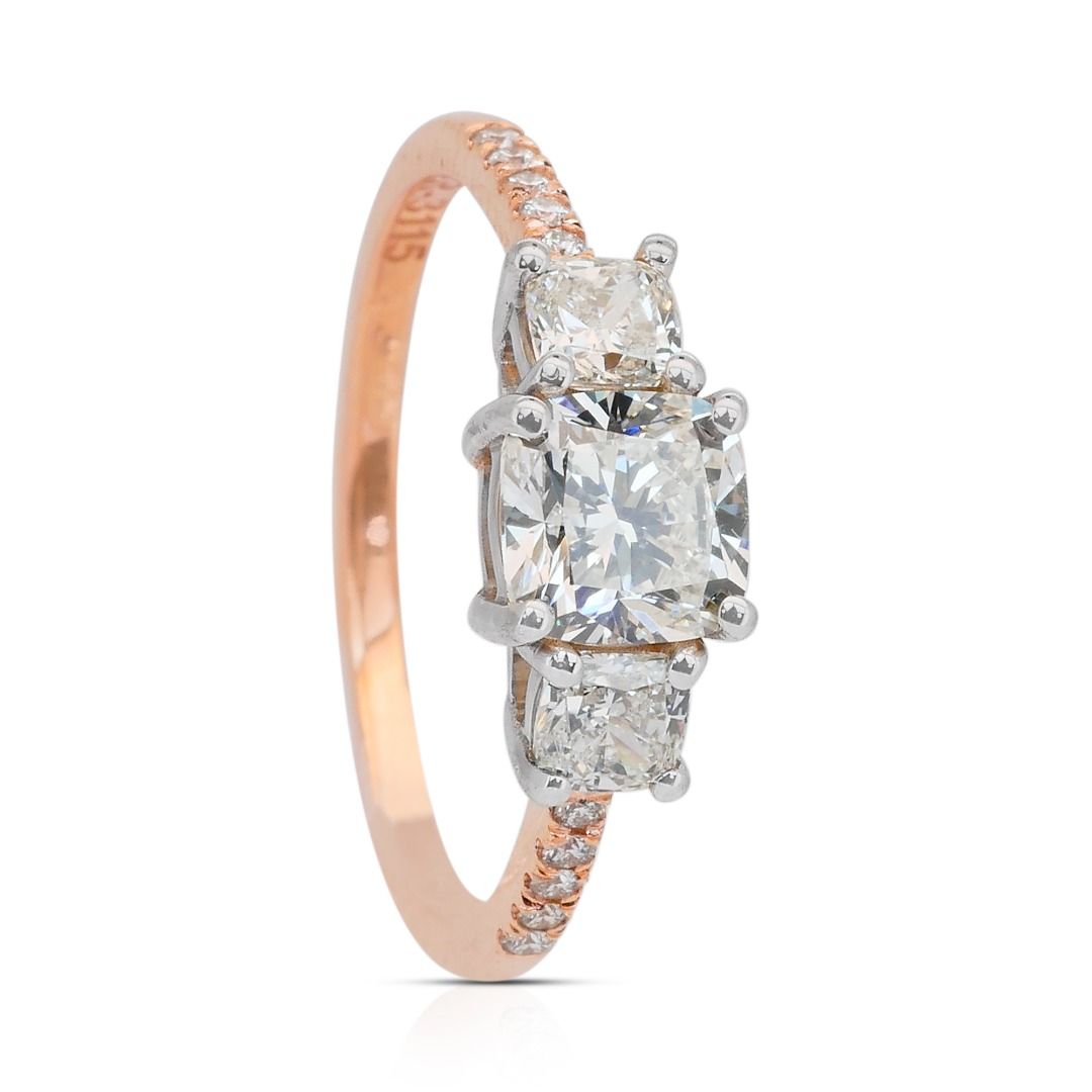 Sparkling 1.59ct Diamonds 3-Stone Ring in 18k Rose & White Gold - IGI Certified