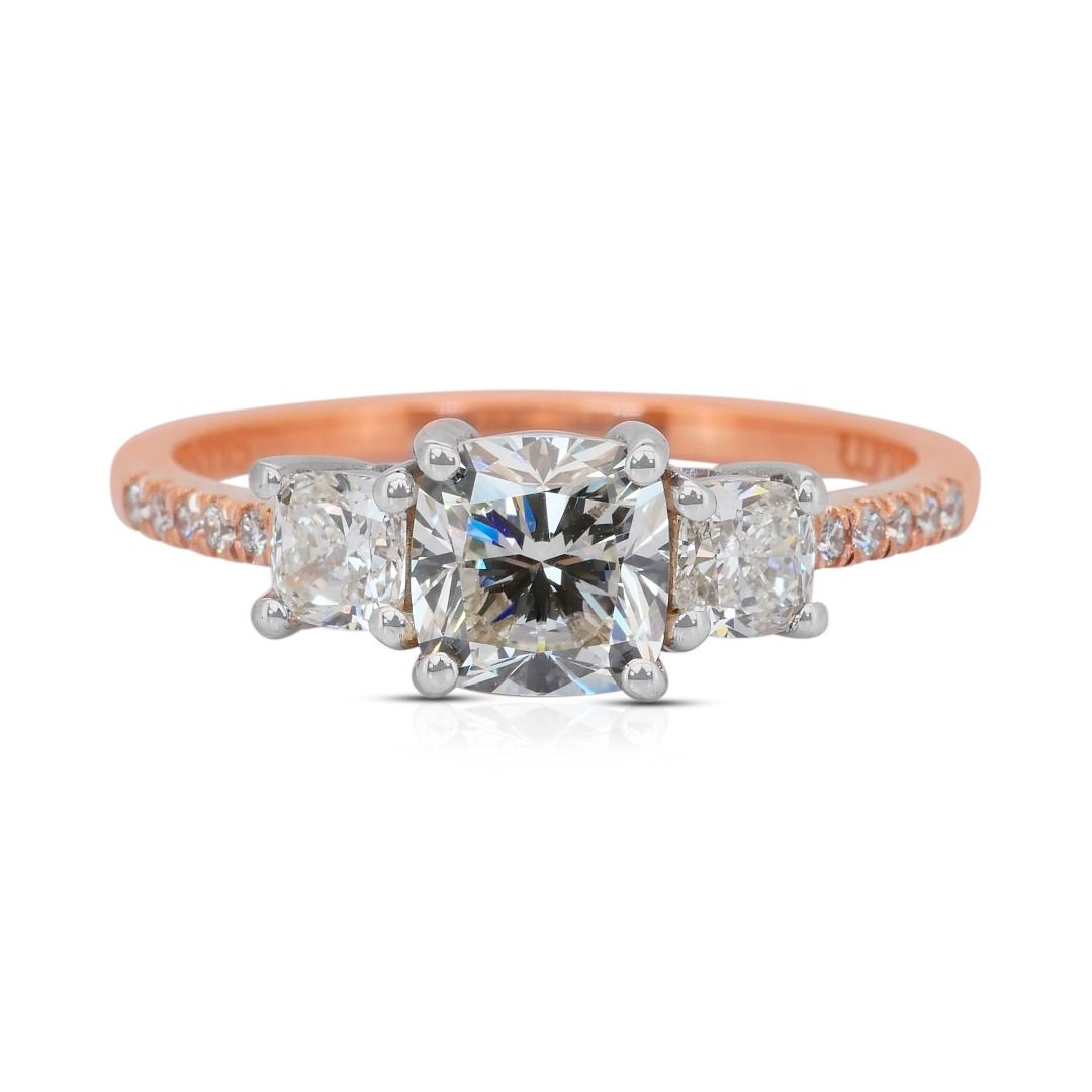 Sparkling 1.59ct Diamonds 3-Stone Ring in 18k Rose & White Gold - IGI Certified