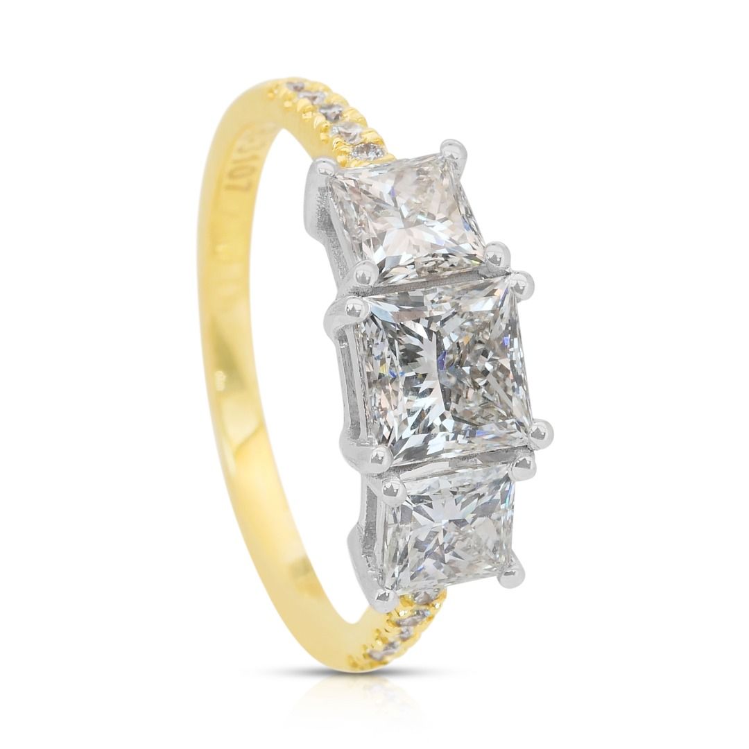 Sparkling 2.16ct Diamonds 3-Stone Ring in 18k White & Yellow Gold - IGI Certified