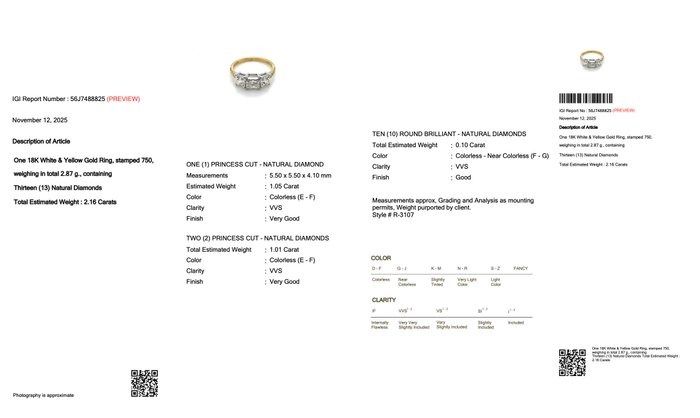 Sparkling 2.16ct Diamonds 3-Stone Ring in 18k White & Yellow Gold - IGI Certified