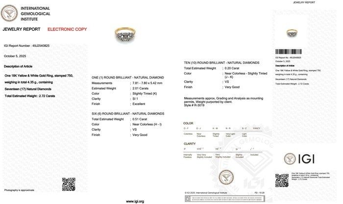 Sparkling 2.72ct Diamonds Ring in 18k Yellow & White Gold - IGI Certified