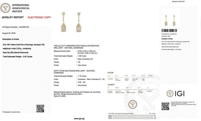 Sparkling 3.05ct Diamonds Drop Earrings in 18k Yellow Gold - IGI Certified