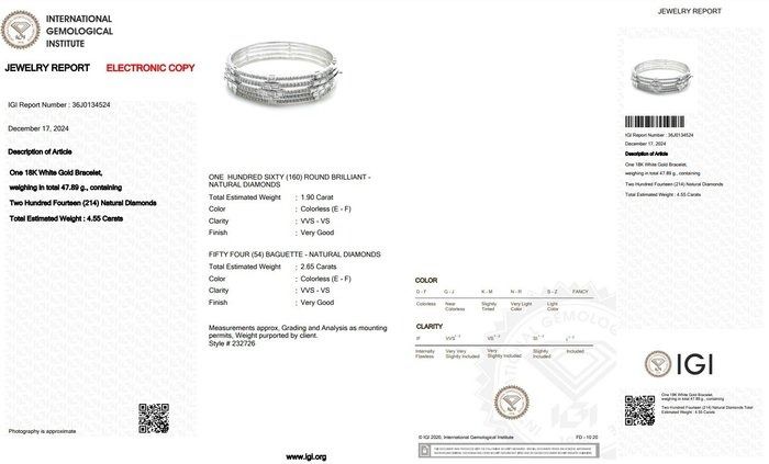 Sparkling 4.55ct Diamonds Bangle in 18k White Gold - IGI Certified