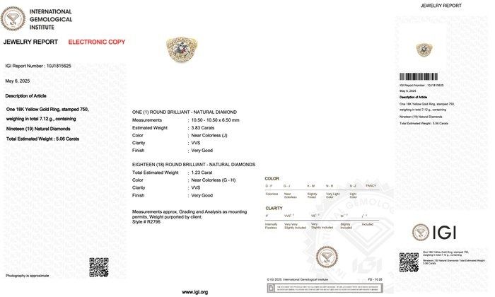 Sparkling 5.06ct Diamonds Halo Ring in 18k Yellow Gold - IGI Certified