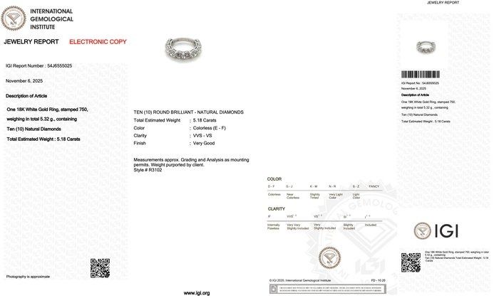 Sparkling 5.18ct Diamonds Band Ring in 18k White Gold - IGI Certified