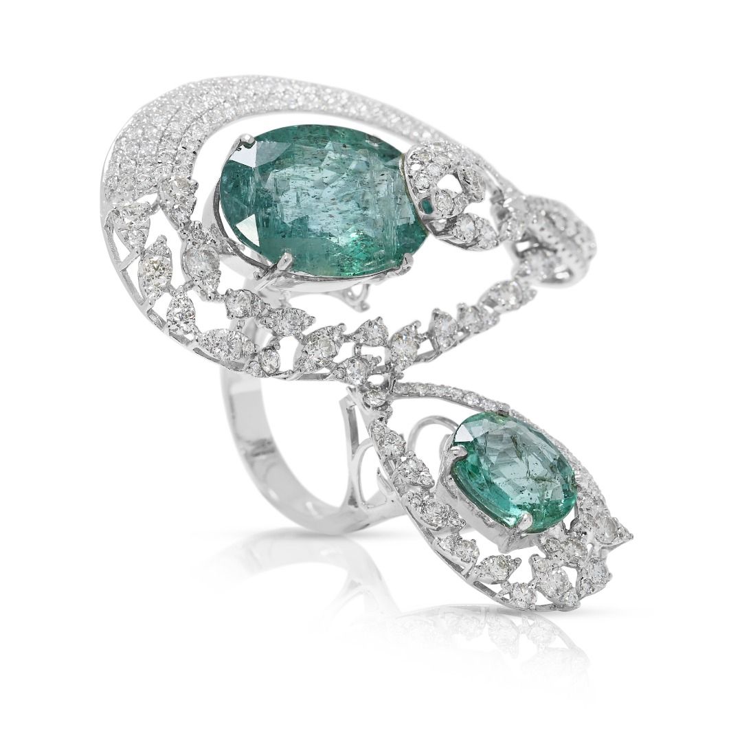 Statement 12.77ct Emerald & Natural Diamond Masterpiece Ring in 18K White Gold