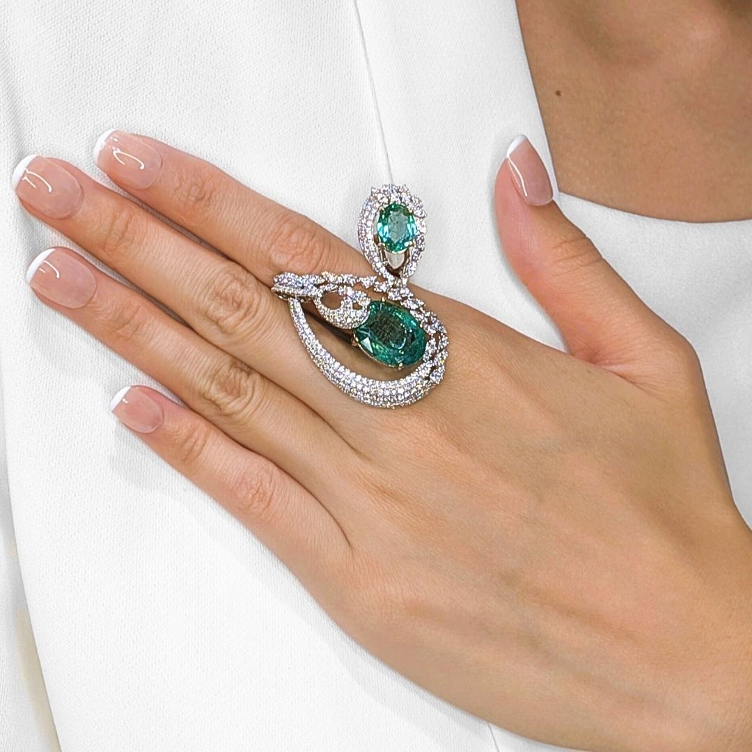 Statement 12.77ct Emerald & Natural Diamond Masterpiece Ring in 18K White Gold