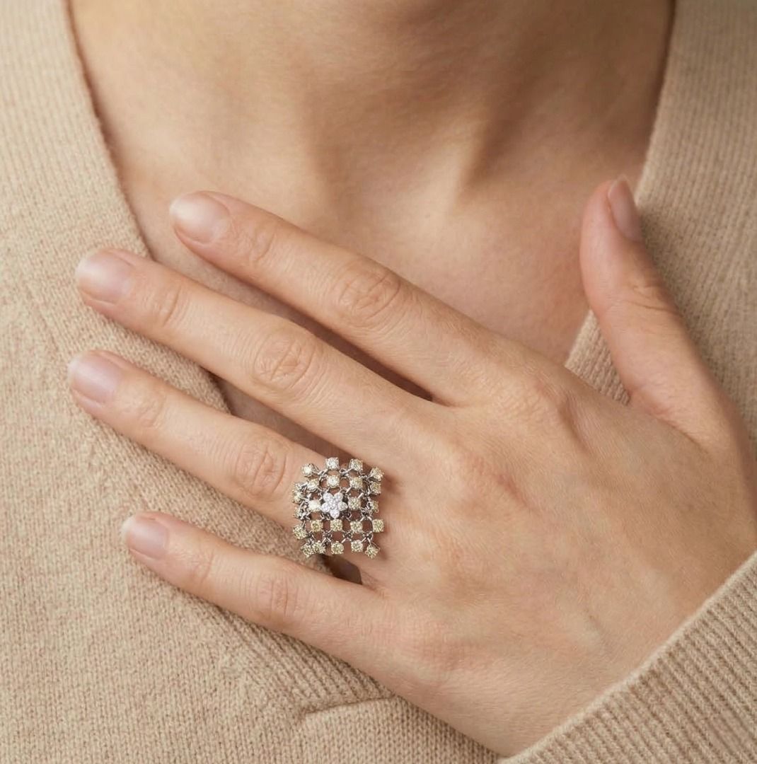 Statement 1.32ct Champagne & White Diamond Ring in 18K White Gold