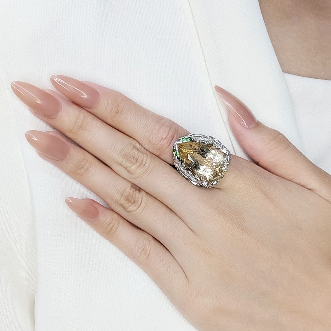 Statement 23.16ct Beryl, Garnet, and Natural Diamonds Ring in 18K White Gold - NGI Certified