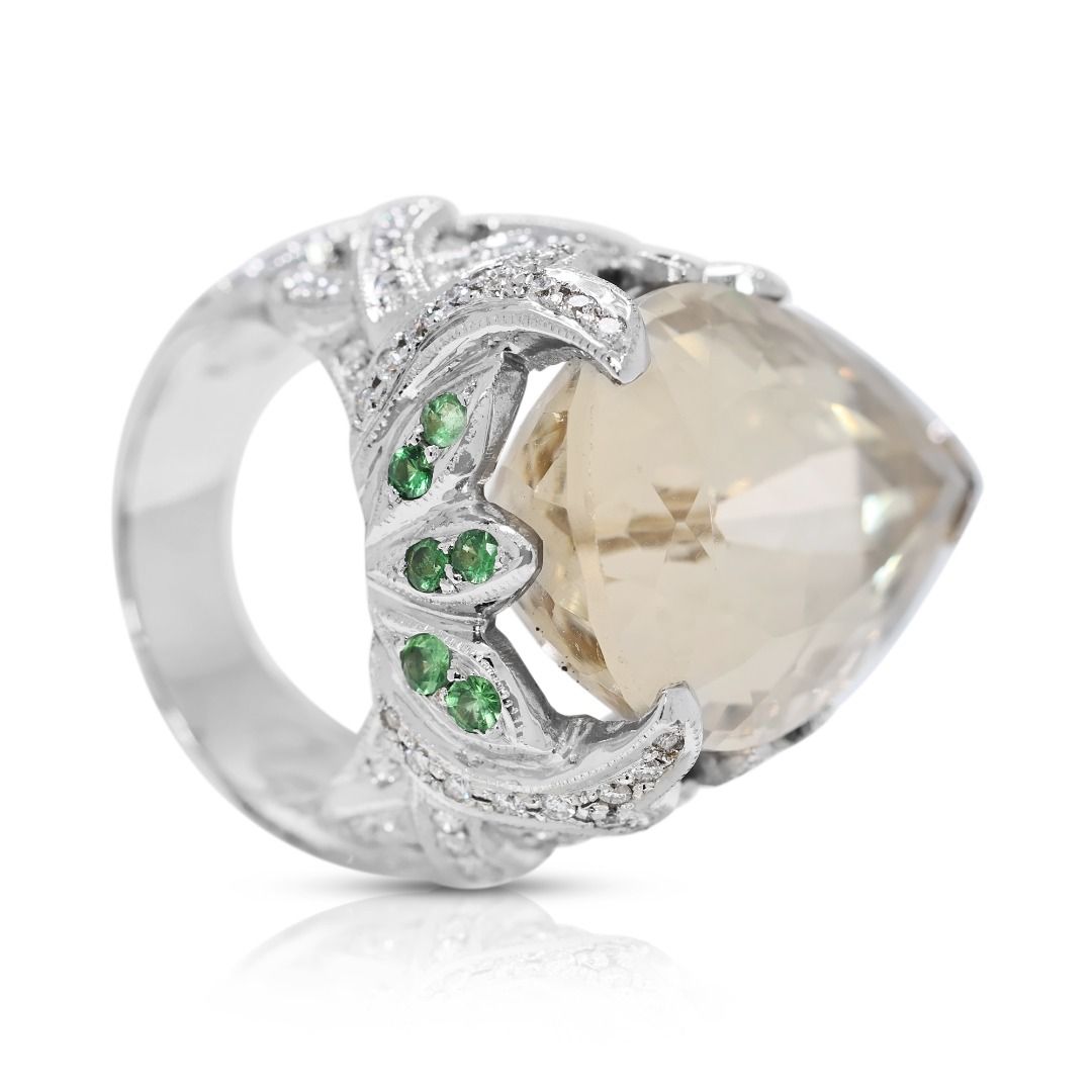 Statement 23.16ct Beryl, Garnet, and Natural Diamonds Ring in 18K White Gold - NGI Certified