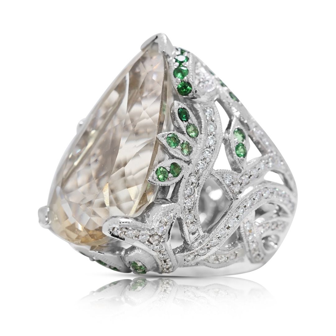 Statement 23.16ct Beryl, Garnet, and Natural Diamonds Ring in 18K White Gold - NGI Certified