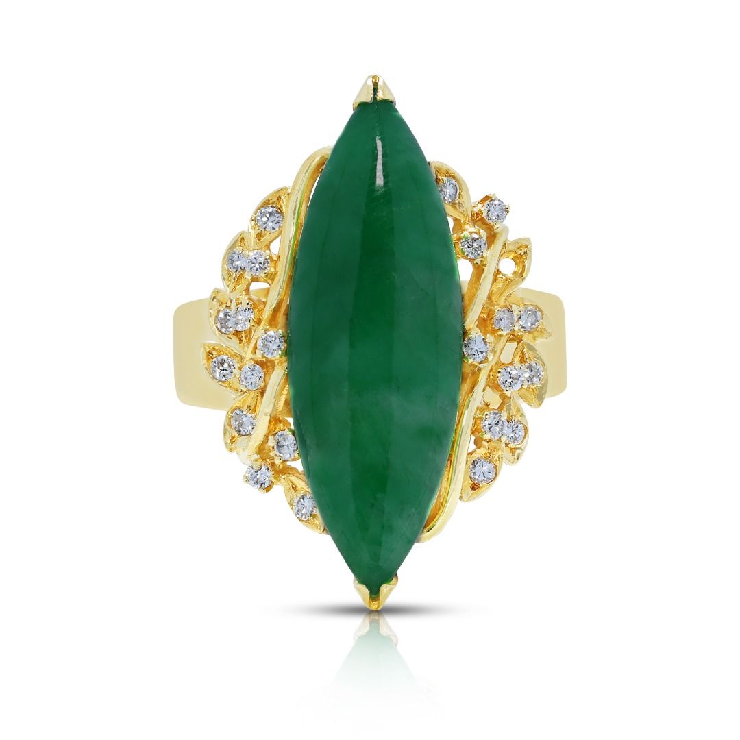 Statement Type A Green Jadeite & 0.24ct Diamond Ring in 18K Yellow Gold - NGI Certified