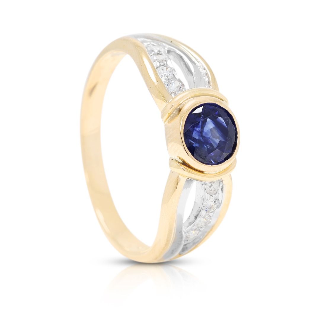 Striking 0.5ct Blue Sapphire with 0.08ct Natural Diamond Accent Ring in 14K Two-Tone Gold