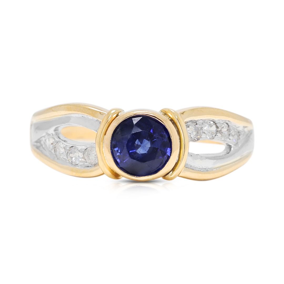 Striking 0.5ct Blue Sapphire with 0.08ct Natural Diamond Accent Ring in 14K Two-Tone Gold